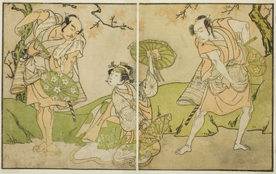 Los actores Ichikawa Somegoro (derecha), Segawa Kikunojo II (centro) y Bando Sampachi (izquierda), en roles no identificados en la obra Myoto-giku Izu no Kisewata, representada en el Teatro Ichimura en el undécimo mes, 1770 de Katsukawa Shunsho