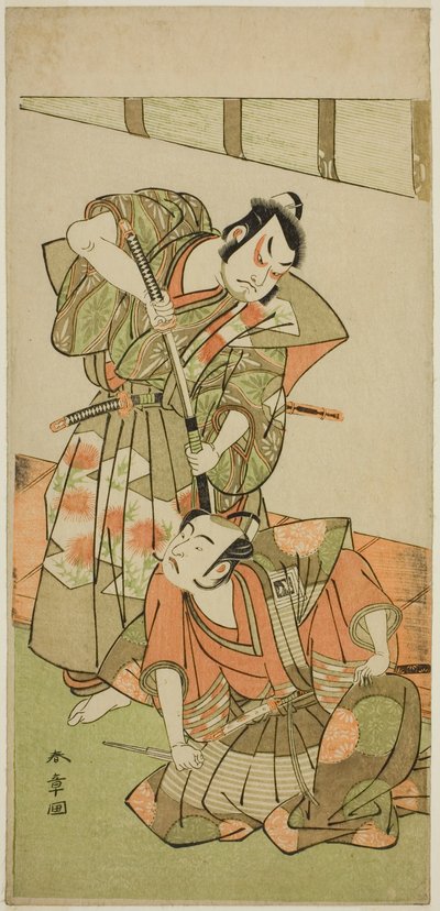 Los actores Ichikawa Yaozo II como Konoshita Hyokichi (?) (derecha), y Sakata Hangoro II como Matsunaga Daizen Hisahide (?) (izquierda), en la obra Gion Sairei Shinko Ki (?), representada en el Teatro Ichimura (?) en el quinto mes de 1775 (?) de Katsukawa Shunsho