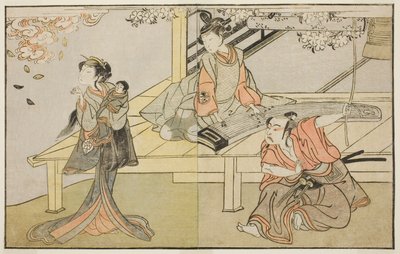 Los actores Ichikawa Yaozo II como Yoshimine no Munesada (derecha), Yoshizawa Sakinosuke III como Shizuya (centro), y Nakamura Matsue I como Sakuragi (izquierda), en la obra Kuni no Hana Ono no Itsumoji, representada en el Teatro Nakamura en el undécimo me de Katsukawa Shunsho