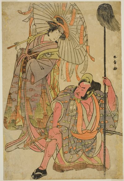 Los Actores Ichimura Uzaemon IX como Hata no Daizen Taketora Disfrazado de Yakko Matahei (derecha), e Iwai Hanshiro IV como Umegae Disfrazado de la Adivina de Poemas Omatsu (izquierda), en la Obra Mukashi Otoko Yuki no Hinagata, Representada en el Teatro I de Katsukawa Shunsho