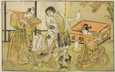 Los actores Iwai Hanshiro IV como Otatsu-gitsune, Nakamura Nakazo I como Raigo Ajari, Sakata Tojuro III como Kamada Gon-no-kami Masayori, e Ichikawa Yaozo II como Sakon-gitsune (de derecha a izquierda), en la obra "Nue no Mori Ichiyo no Mato," presentada e de Katsukawa Shunsho