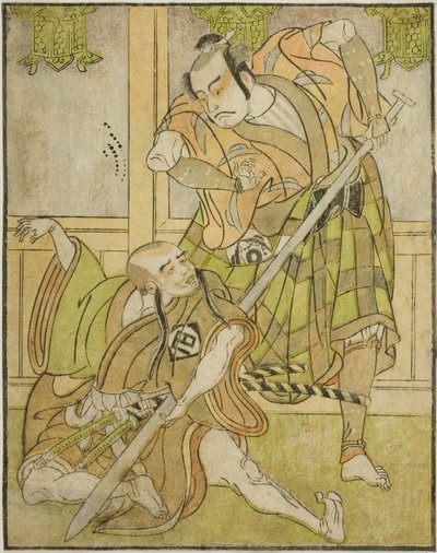 Los Actores Kasaya Matakuro II como Nobuyori Disfrazado de Yakko Gunnai (derecha), y Miyazaki Hachizo como el Monje Laico Hambyo Nyudo (izquierda), en la Obra Nue no Mori Ichiyo no Mato, Representada en el Teatro Nakamura en el Mes Once, 1770 de Katsukawa Shunsho