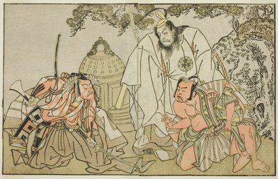 Los Actores Nakajima Mihoemon II como Aramaki Mimishiro (derecha), Matsumoto Koshiro II como Otomo no Yamanushi (centro), e Ichikawa Danzo III como Hannya no Goro (izquierda), en la Obra Kuni no Hana Ono no Itsumoji, Representada en el Teatro Nakamura en e de Katsukawa Shunsho