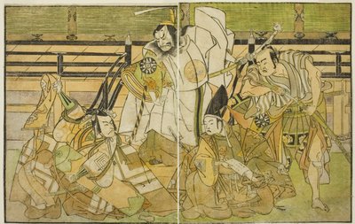 Los actores Nakamura Denkuro II como Seno-o Taro, Ichikawa Komazo II como Yorimasa, Nakamura Nakazo I como Taira no Kiyomori, e Ichikawa Danjuro V como Kiou Takiguchi (de derecha a izquierda), en la obra Nue no Mori Ichiyo no Mato, representada en el Teatr de Katsukawa Shunsho