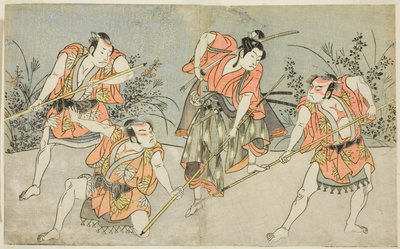 Los actores Nakamura Kashiwagi como un Wakashu (segundo desde la derecha), y tres actores no identificados como Yakko de Katsukawa Shunsho