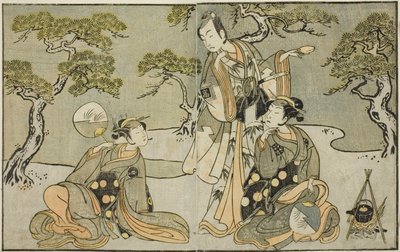 Los actores Nakamura Nakazo I como Matsukaze (derecha), Ichikawa Komazo II como Ariwara no Yukihira (centro), e Iwai Hanshiro IV como Murasame (izquierda), en la obra Kuni no Hana Ono no Itsumoji, representada en el Teatro Nakamura en el undécimo mes de 17 de Katsukawa Shunsho