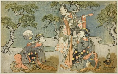 Los actores Nakamura Nakazo I como Matsukaze (derecha), Ichikawa Komazo II como Ariwara no Yukihira (centro), e Iwai Hanshiro IV como Murasame (izquierda), en la obra Kuni no Hana Ono no Itsumoji, representada en el Teatro Nakamura en el undécimo mes, 1771 de Katsukawa Shunsho