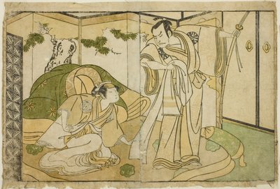 Los actores Nakamura Nakazo I como Taira no Kiyomori (derecha), y Yamashita Kinsaku II como Tokiwa Gozen (izquierda), en la obra Nue no Mori Ichiyo no Mato, representada en el Teatro Nakamura en el undécimo mes de 1770 de Katsukawa Shunsho