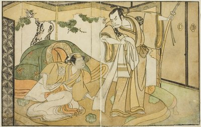 Los actores Nakamura Nakazo I como Taira no Kiyomori (derecha), y Yamashita Kinsaku II como Tokiwa Gozen (izquierda), en la obra Nue no Mori Ichiyo no Mato, representada en el Teatro Nakamura en el undécimo mes, 1770 de Katsukawa Shunsho