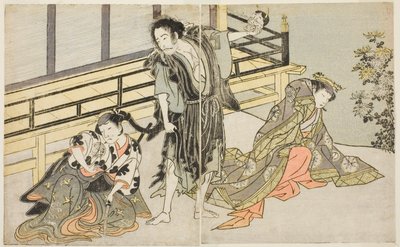 Los actores Nakamura Noshio I como Nyosan no Miya (derecha), Ichikawa Danjuro V como el monje renegado Yochin (centro), y Yamashita Kinsaku II como la doncella Mutsuhana (izquierda), en la obra Fuki Kaete Tsuki mo Yoshiwara, representada en el Teatro Morit de Katsukawa Shunsho