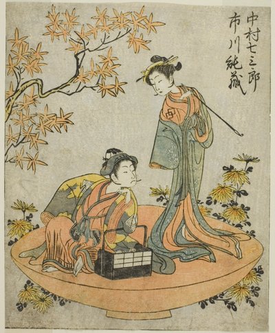 Los actores Nakamura Shichisaburo III (derecha) e Ichikawa Junzo I (izquierda), en la obra Nue no Mori Ichiyo no Mato, representada en el Teatro Nakamura en el undécimo mes de 1770 de Katsukawa Shunsho