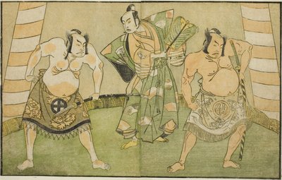 Los actores Nakamura Sukegoro II como Matano no Goro (derecha), Onoe Kikugoro I como Soga no Taro (centro), y Otani Hiroji III como Kawazu no Saburo (izquierda), en la obra Myoto-giku Izu no Kisewata, representada en el Teatro Ichimura en el undécimo mes,  de Katsukawa Shunsho