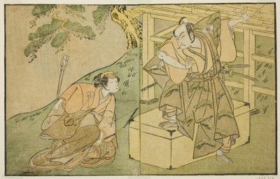 Los actores Onoe Matsusuke I como Akaboshi Taro (derecha) y Azuma Tozo II como Shirotae (izquierda), en la obra Kono Hana Yotsugi no Hachi no Ki, representada en el Teatro Ichimura en el undécimo mes de 1771 de Katsukawa Shunsho