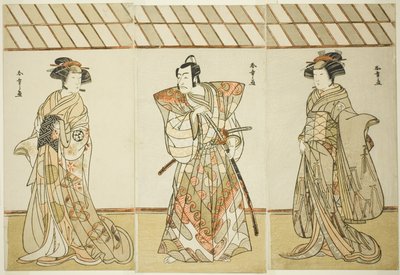Los Actores Onoe Tamizo I como Nishikigi (?) o Otae (?) (derecha), Ichikawa Danjuro V como Miura Heidayu Kunitae (?) (centro), y Osagawa Tsuneyo II como Oyuki (?) (izquierda), en la Obra Date Nishiki Tsui no Yumitori (?), Representada en el Teatro Morita ( de Katsukawa Shunsho