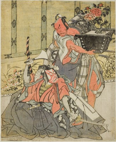 Los actores Otani Hiroemon III como Shinagawa Okaminosuke (derecha) e Ichikawa Danjuro V como Arashishi Otokonosuke (izquierda), en la obra Fuki Kaete Tsuki mo Yoshiwara de Katsukawa Shunsho