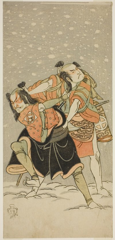 Los Actores Otani Hiroji III como Kameo (derecha), y Sakata Sajuro I como Ario (izquierda), en la obra Hime Komatsu Ne no Hi Asobi, representada en el Teatro Ichimura en el noveno mes, 1768 de Katsukawa Shunsho