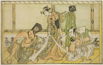 Los actores Otani Hiroji III como Kawazu no Saburo (derecha), Segawa Kikunojo II como la Princesa Tatsu (Tatsu Hime) (centro), y Nakamura Sukegoro II como Matano no Goro (izquierda), en la obra Myoto-giku Izu no Kisewata, representada en el Teatro Ichimura de Katsukawa Shunsho