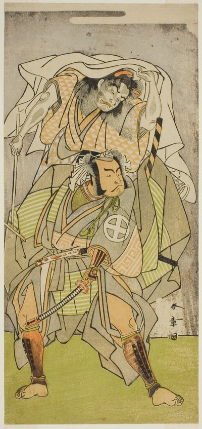 Los actores Otani Hiroji III como Koga Saburo, e Ichimura Uzaemon IX como el Diablo de Kogakeyama, el Espíritu de Wakasa no Zenji Yasumura, en la obra Kono Hana Yotsugi no Hachi no Ki, representada en el Teatro Ichimura en el undécimo mes de 1771 de Katsukawa Shunsho