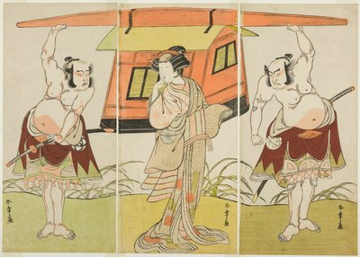 Los actores Otani Hiroji III como Yokambei (derecha), Nakamura Tomijuro I como Kuzunoha (centro), y Bando Mitsugoro I como Yakambei (izquierda), en la última escena de la obra Shinodazuma, representada como suplemento de la obra Kikyo-zom de Katsukawa Shunsho