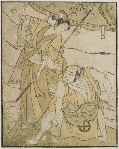Los actores Otani Tomoemon I como Emohei (derecha), y Sanogawa Ichimatsu II como Sanada Yoichi (izquierda), en la obra Myoto-giku Izu no Kisewata, representada en el Teatro Ichimura en el undécimo mes de 1770 de Katsukawa Shunsho