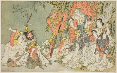 Los actores Sawamura Kijuro I como Ikazuchi Shinno, Príncipe del Trueno (extremo izquierdo), Ichikawa Danjuro V como la Deidad Budista Fudo (segundo desde la izquierda), Nakamura Sukegoro II como Seitaka Doji (segundo desde la derecha), y Bando Mitsugoro I de Katsukawa Shunsho