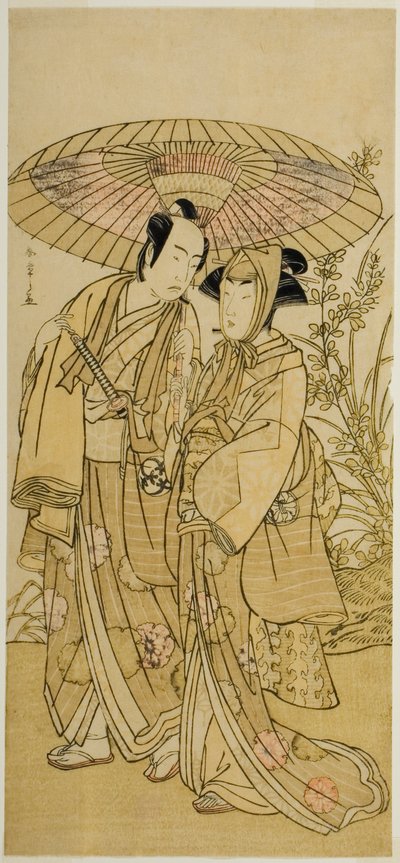 Los actores Segawa Kikunojo III (derecha) como Ochiyo, y Bando Mitsugoro I (izquierda) como el verdulero Hambei, en la obra Kabuki no Hana Bandai Soga, representada en el Teatro Ichimura en el cuarto mes, 1781 de Katsukawa Shunsho