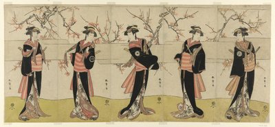 Los Actores Segawa Kikunojo III como Karigane Obun, Nakayama Tomisaburo I como An no Oyasu, Iwai Kiyotaro II como Kaminari no Osha, Nakayama Tatezo I como Gokuin no Osen, e Ichikawa Monnosuke II como Hotei no Oichi (de derecha a izquierda), en "Gonin Onna, de Katsukawa Shunsho