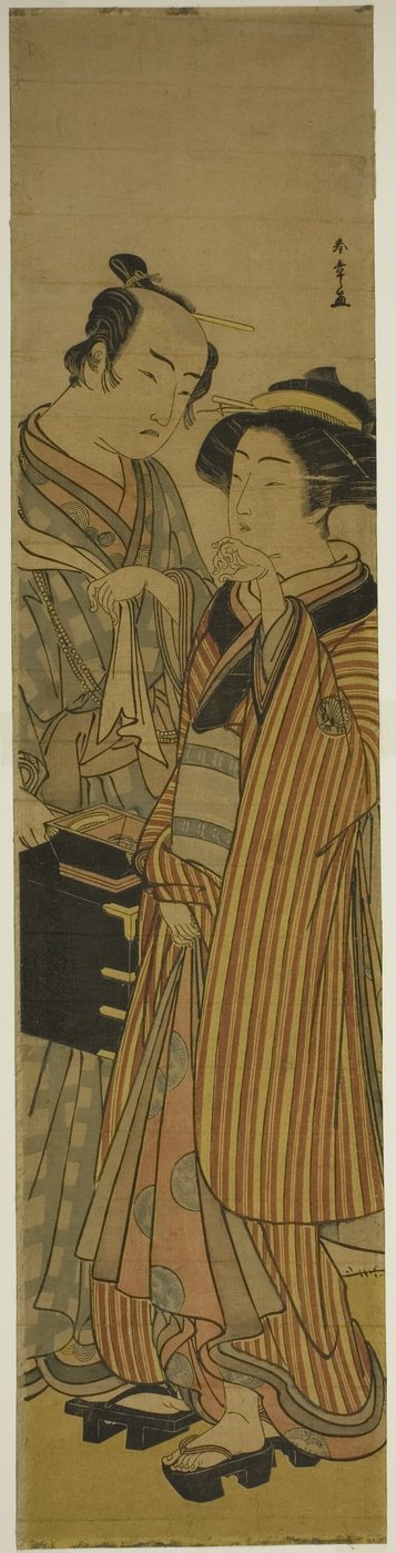 Los actores Segawa Kikunojo III como Okoma (derecha), y Arashi Sangoro III como el peluquero Obana Saizaburo (izquierda), en la obra Koi Musume Mukashi Hachijo, representada en el Teatro Nakamura en el tercer mes, 1776 de Katsukawa Shunsho