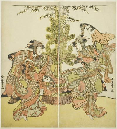 Los actores Segawa Kikunojo III como Yasukata (derecha) e Iwai Hanshiro IV como Utou (izquierda) en la obra Godai Genji Mitsugi no Furisode, representada en el Teatro Nakamura en el undécimo mes de 1782 de Katsukawa Shunsho