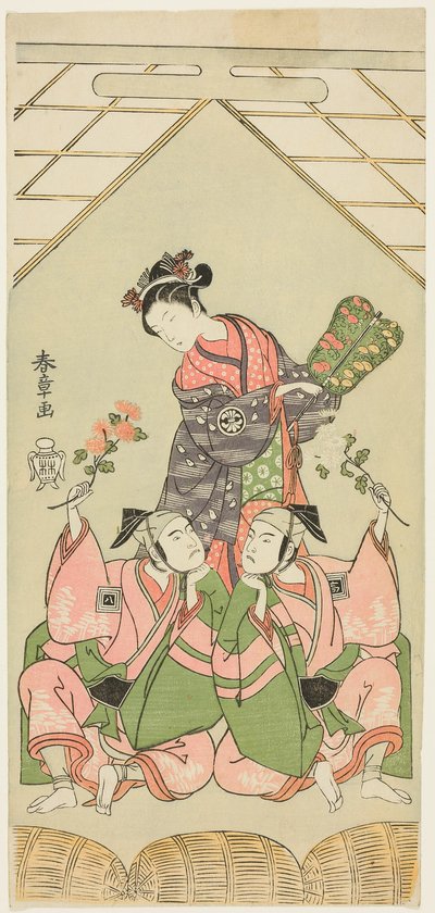 Los actores Segawa Kikunojo II como la nodriza Reizei, Ichikawa Komazo I como Suruga no Hachiro en la apariencia del jugador de shamisen Kichiroku (derecha), e Ichikawa Yaozo II como Tada no Kurando en la apariencia del portador de palanquín Kichinai (izqu de Katsukawa Shunsho