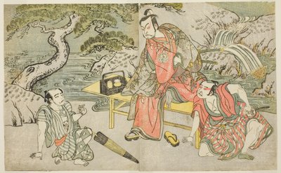 Los actores Tomizawa Hanzaburo II como Nagoya Sanzaemon (a menudo llamado Sanza) (derecha), Nakamura Juzo II como Fuwa Banzaemon (centro), y un actor no identificado como el carterista Matsumoto Daishichi (izquierda), en la obra Fuki Kaete Tsuki mo Yoshiwa de Katsukawa Shunsho