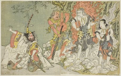 La obra Fuki Kaete Tsuki mo Yoshiwara (La luna también brilla sobre el distrito del placer de Yoshiwara), representada en el Teatro Morita en el undécimo mes, c.1771-72 (xilografía) de Katsukawa Shunsho