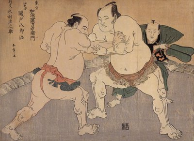 Los luchadores de sumo Kajigahama y Sekinoto de Katsukawa Shunsho