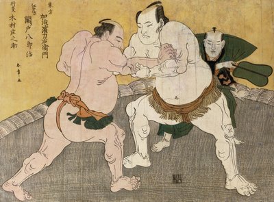 El combate entre Kimenzan Tanigoro y Edogasaki Gemji (grabado en color) de Katsukawa Shunsho
