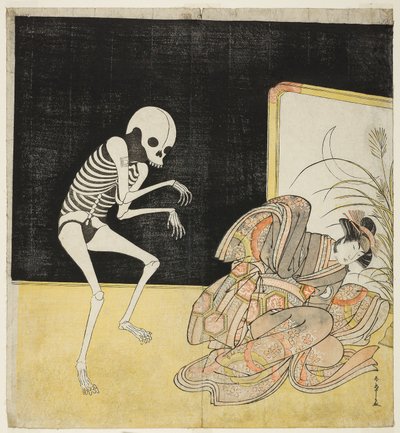 Los actores Ichikawa Danjuro V como un esqueleto, espíritu del monje renegado Seigen (izquierda), e Iwai Hanshiro IV como la princesa Sakura (derecha), en la obra "Vestigios de pino y cerezo". de Katsukawa Shunsho