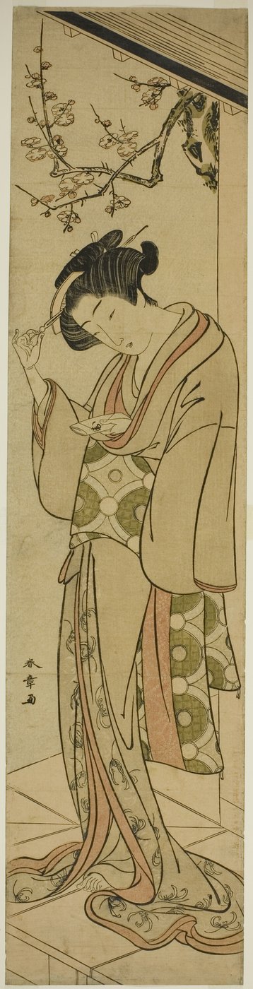 Mujer en una veranda a punto de abrir una carta de amor de Katsukawa Shunsho