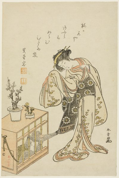 Joven mujer con un mono enjaulado (Impresión de calendario para el Año Nuevo 1776) de Katsukawa Shunsho