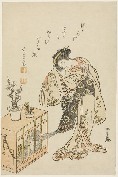 Joven con mono enjaulado (Calendario de Año Nuevo 1776) de Katsukawa Shunsho
