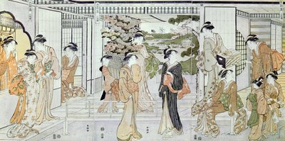 Mujeres jóvenes con una cesta de crisantemos (grabado en madera en color) de Katsukawa Shunsho