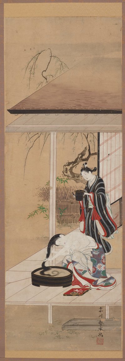Mujer lavándose el cabello con una asistente, mediados del siglo XVIII de Katsukawa Shunsui