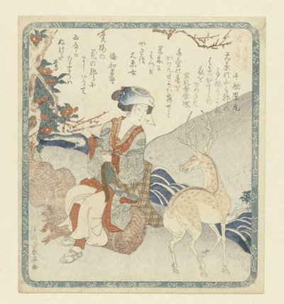 mujer sentada junto a un ciervo de Katsukawa Shuntei