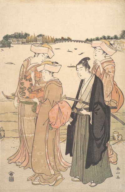 Un Joven Samurai y Tres Mujeres de Katsukawa Shunzan