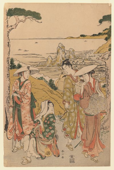 Una compañía de peregrinos de Yedo fuera de una casa de té en las colinas detrás de la playa de Futami admirando la vista de Katsukawa Shunzan