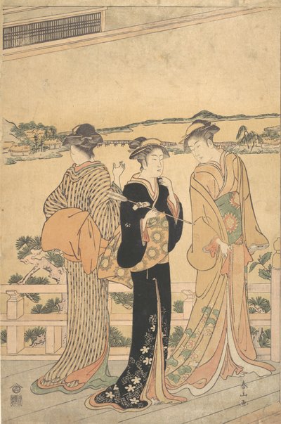 Tres Mujeres en una Veranda con Vista a una Bahía de Katsukawa Shunzan