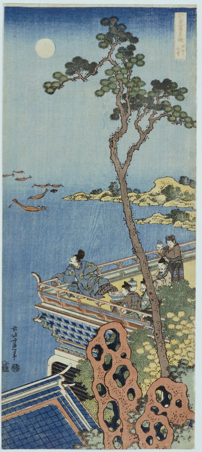 Un cortesano en el balcón de un pabellón chino mirando a lo lejos en una noche de luna, de la serie "Un espejo de versos chinos y japoneses" de Katsushika Hokusai