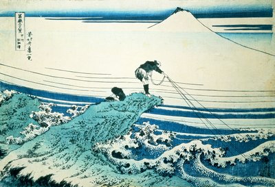 Un pescador de pie en un promontorio rocoso en Kajikazawa en la provincia de Kai, de la serie "36 vistas del monte Fuji" de Katsushika Hokusai