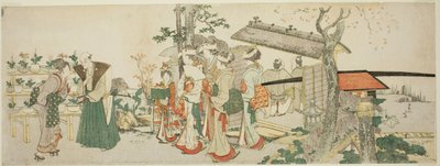 Un grupo de mujeres jóvenes entrando en el jardín de un horticultor de Katsushika Hokusai