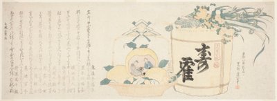 Barril de sake y cesta de naranjas de Katsushika Hokusai