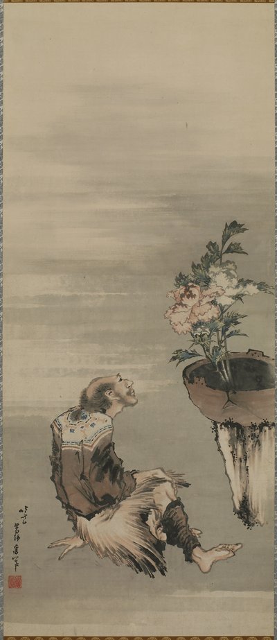 Un Hombre Sentado Mirando Peonías en Maceta, período Edo de Katsushika Hokusai