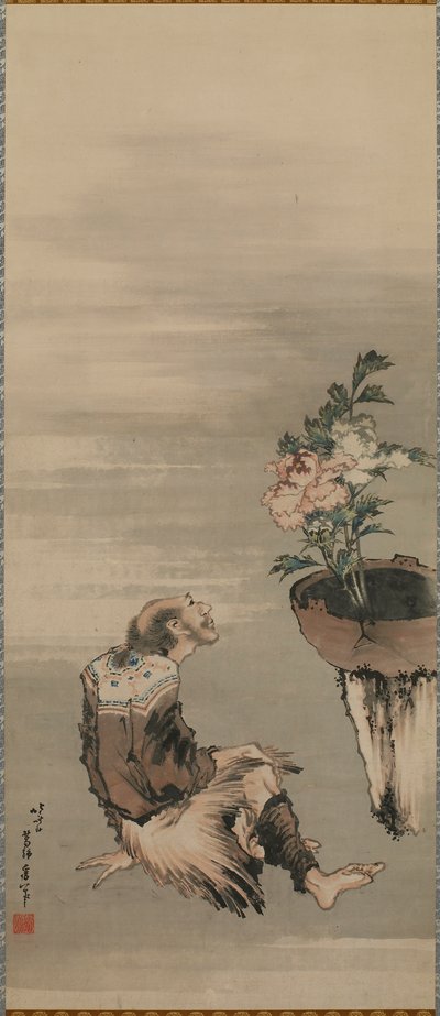 Un hombre sentado mirando peonías en maceta, finales del siglo XVIII-principios del siglo XIX de Katsushika Hokusai